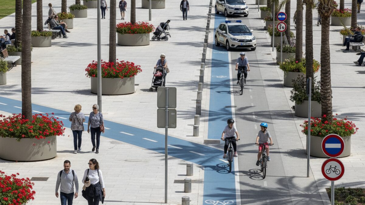 Moderner Fußgängerbereich in Palma de Mallorca mit Polizei- und Fahrradverkehr im Parc de Ses Estacions, Planungsdebatte um Verkehrssicherheit