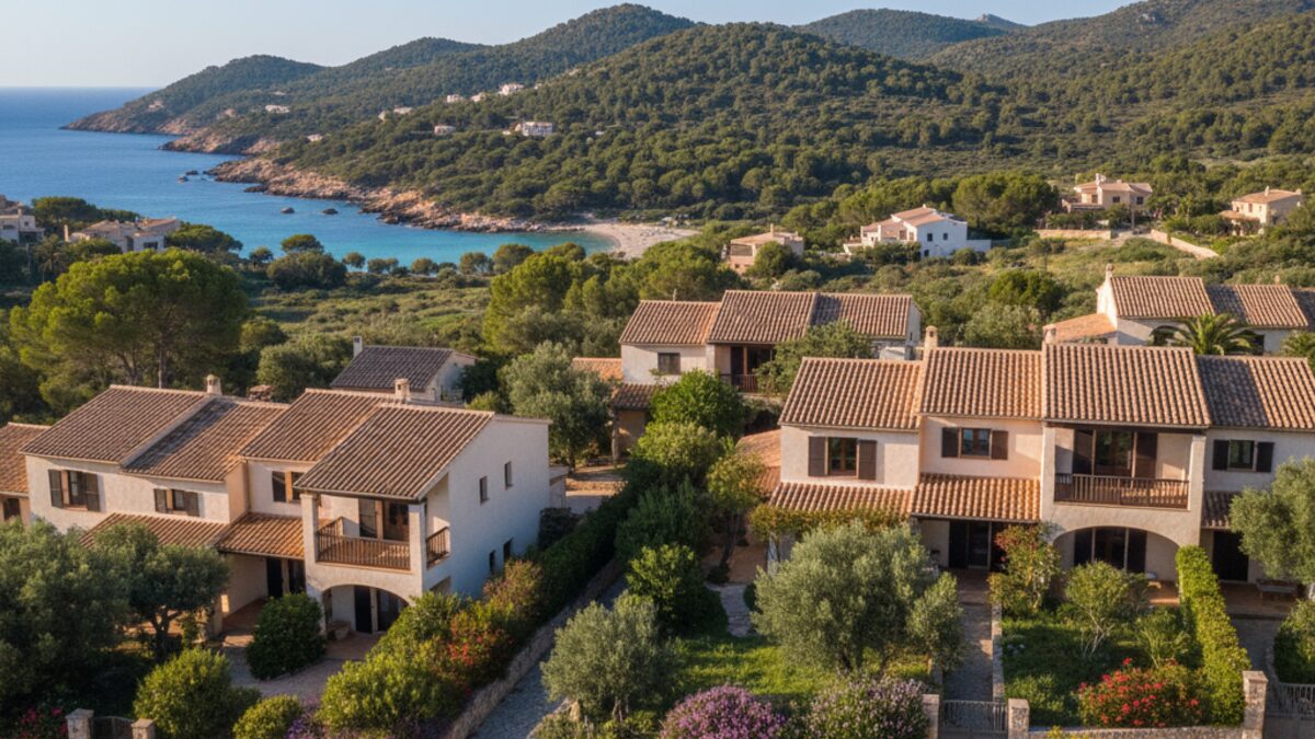 Scenic view auf ein Wohngebiet in Arta auf Mallorca mit mediterranen Häusern und Naturpark im Hintergrund