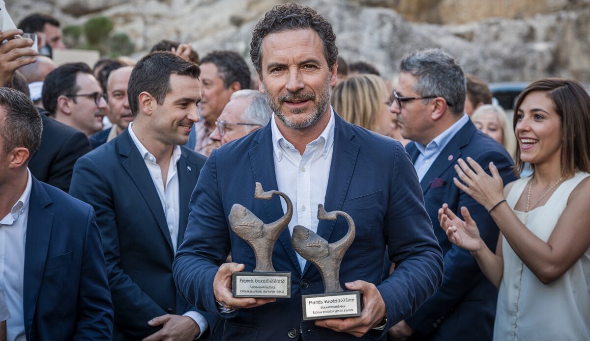 Ernesto Rodríguez mit Posidonia-inspirierten Trophäen auf Mallorca.