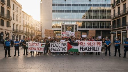 Pro-palästinensische Proteste in Palma: Geschäfte und Polizei im Fokus Friedlicher pro-palästinensischer Protest vor dem Rathaus von Palma mit Demonstranten und Polizei in einem urbanen europäischen Stadtbild