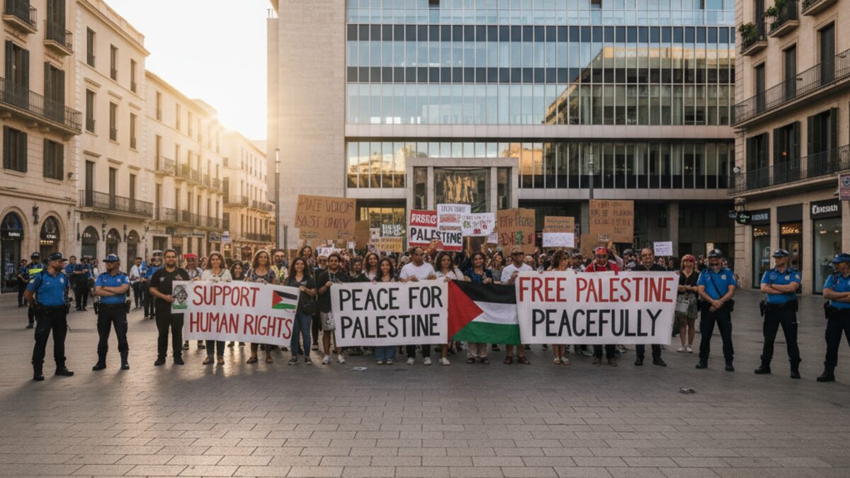 Friedlicher pro-palästinensischer Protest vor dem Rathaus von Palma mit Demonstranten und Polizei in einem urbanen europäischen Stadtbild