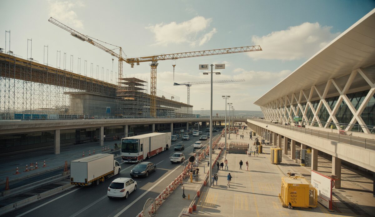 Renovierungsarbeiten am Flughafen Palma mit Baukränen und Reisenden