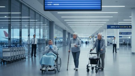 Passagiere mit eingeschränkter Mobilität warten im modernen Flughafen Mallorca aufgrund von Problemen beim PMR-Begleitservice