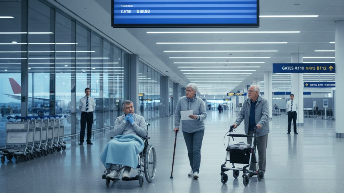 Passagiere mit eingeschränkter Mobilität warten im modernen Flughafen Mallorca aufgrund von Problemen beim PMR-Begleitservice
