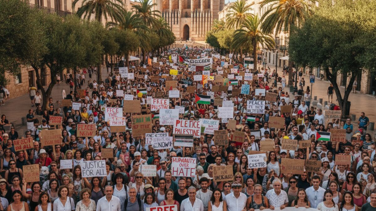 Große friedliche Demonstration in Palma mit tausenden Menschen, die Solidarität mit Palästina zeigen und für Frieden und Gerechtigkeit protestieren