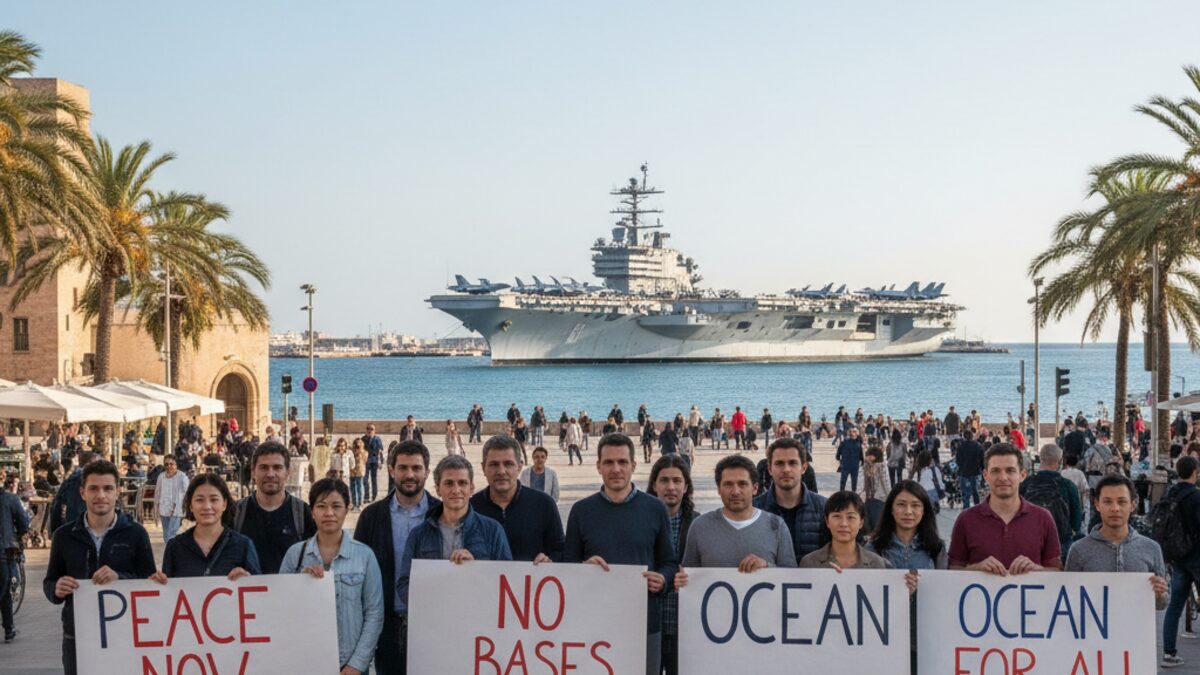 Protestierende Menschen am Paseo Marítimo in Palma vor dem US-Flugzeugträger USS Gerald R. Ford im Hafen