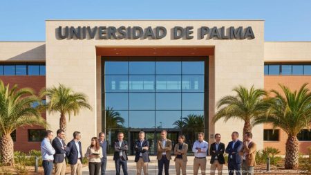 Moderne Universitätsgebäude auf Mallorca mit Menschen, die eine politische Debatte symbolisieren, im Vordergrund