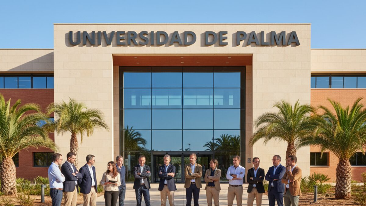 Moderne Universitätsgebäude auf Mallorca mit Menschen, die eine politische Debatte symbolisieren, im Vordergrund