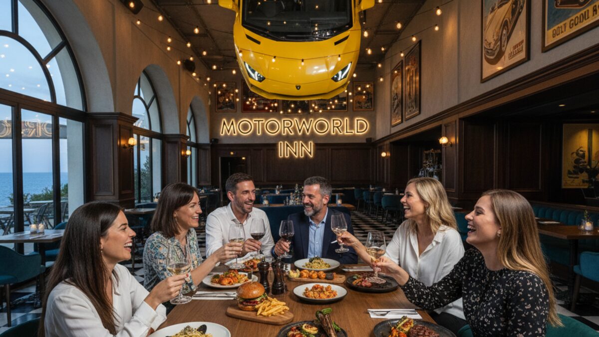 Innenaufnahme eines eleganten Restaurants auf Mallorca mit Gästen, die verschiedene Gerichte genießen, und einem gelben Lamborghini, der kopfüber von der Decke hängt
