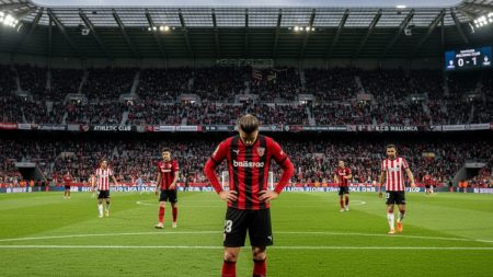 Enttäuschter Fußballspieler von RCD Mallorca im San Mamés Stadion während einer La Liga Niederlage