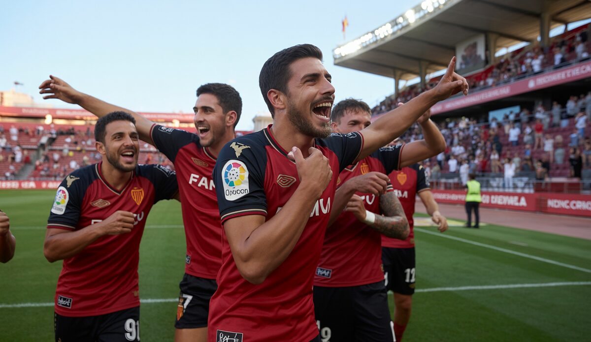 RCD Mallorca Spieler feiern einen wichtigen Sieg im Sánchez-Pizjuán Stadion