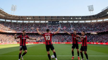 Real Mallorca Fußballspieler feiern ersten Saisonsieg in einem modernen Stadion unter strahlendem Himmel