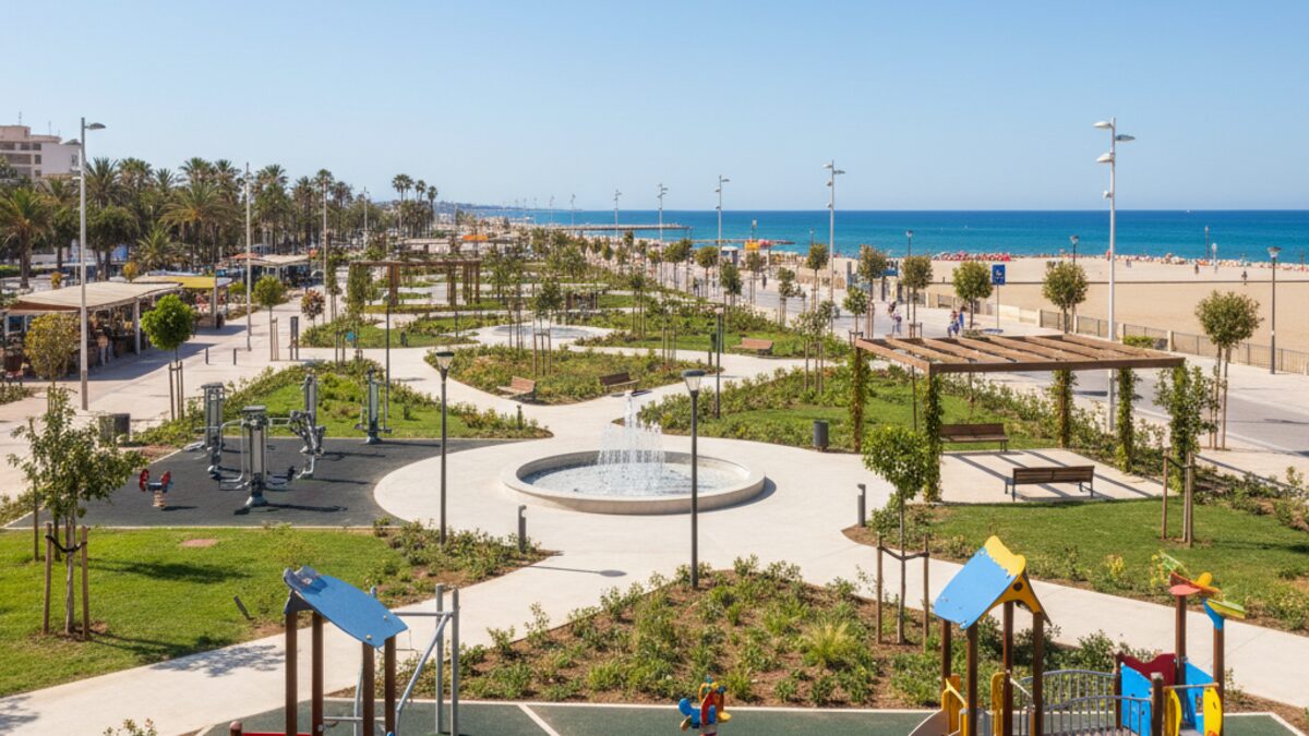 Renovierter Plaza de las Maravillas in Platja de Palma mit neuen Wegen, Grünflächen, Spiel- und Fitnessgeräten sowie moderner Wasserfontäne