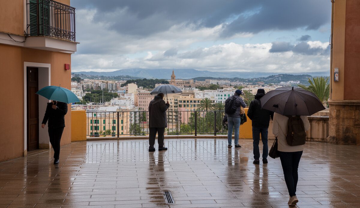 Regenwetter auf Mallorca im Oktober mit bedecktem Himmel und Menschen mit Regenschirmen.