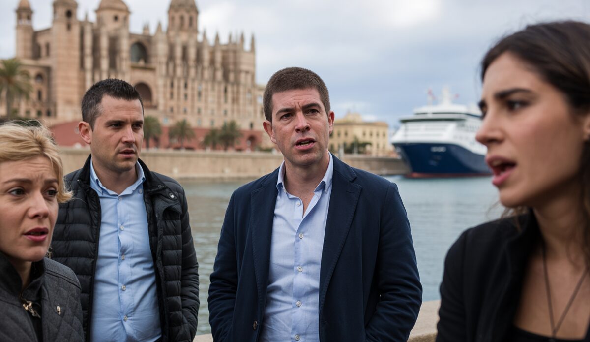 Regierungsgebäude von Palma de Mallorca mit besorgten Bürgern