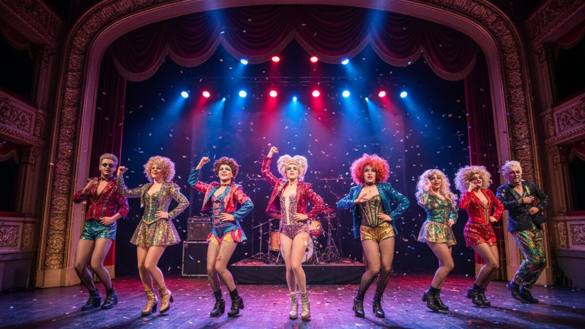 Bühnenbild der Rocky Horror Show mit farbenfrohen Kostümen und lebendiger Beleuchtung im Auditorium Palma