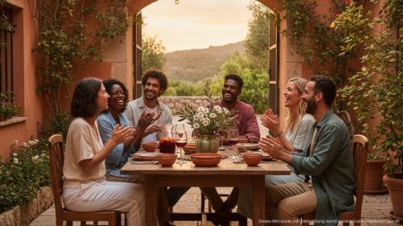 Rückblick auf den Sommer auf Mallorca: Feste und Veränderungen Gemütliche kleine Gruppe in einem mediterranen Innenhof auf Mallorca an einem Sommerabend mit traditionellem Flair und freundschaftlichem Austausch