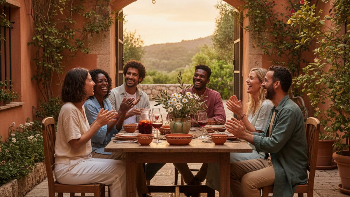 Gemütliche kleine Gruppe in einem mediterranen Innenhof auf Mallorca an einem Sommerabend mit traditionellem Flair und freundschaftlichem Austausch