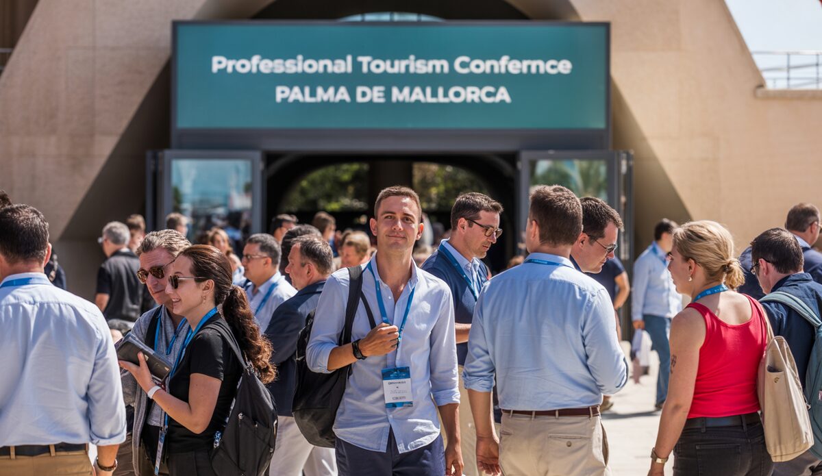 Eingang zu einer Tourismusmesse mit Teilnehmern in Palma de Mallorca