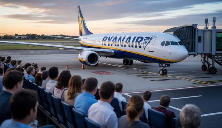 Ryanair-Flieger von Köln nach Palma mit stundenlanger Verspätung Ryanair-Flugzeug auf dem Flughafen mit wartenden Passagieren