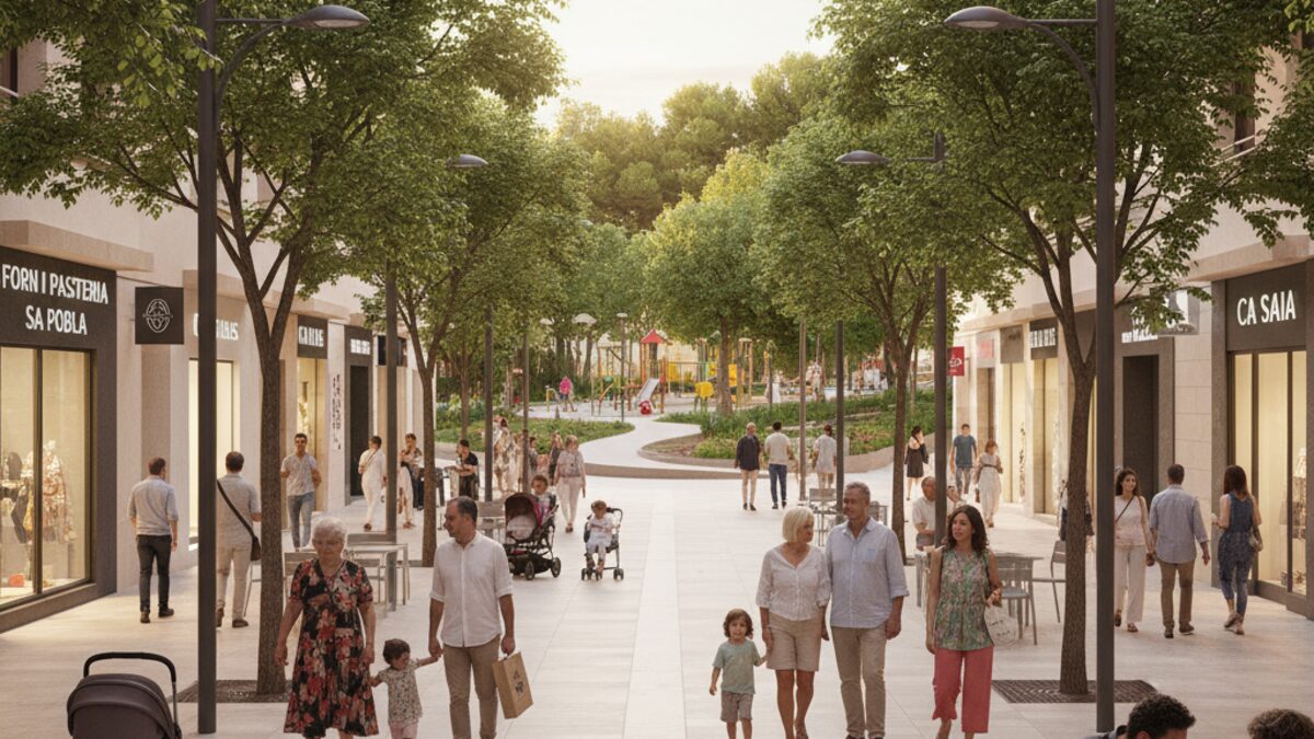 Modernisierte Carrer Comerç in Sa Pobla mit breiten Gehwegen, grünen Bäumen und belebtem Stadtzentrum