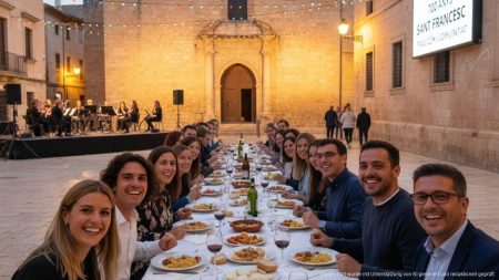 Sant Francesc beendet die Festtagssaison in Inca Traditionelles gemeinsames Abendessen unter freiem Himmel bei den Sant Francesc Festlichkeiten in Inca auf Mallorca mit dem historischen Franziskanerkloster im Hintergrund