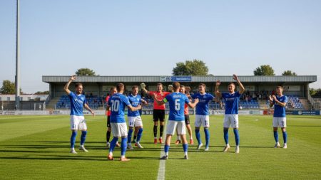 Das Fußballteam von Sant Jordi feiert einen historischen Sieg auf dem Spielfeld mit jubelnden Spielern in blauen und weißen Trikots.