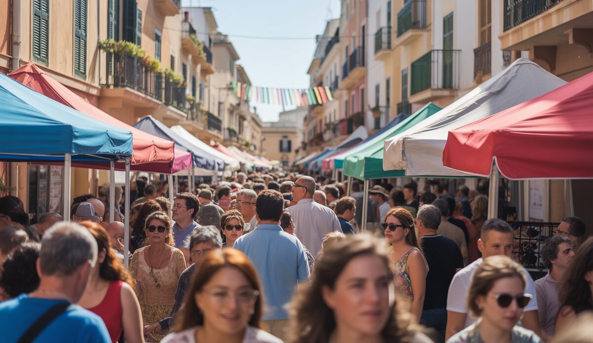 Besucher auf der Sa Fira und Canal’Art in Santanyí mit mediterraner Architektur im Hintergrund