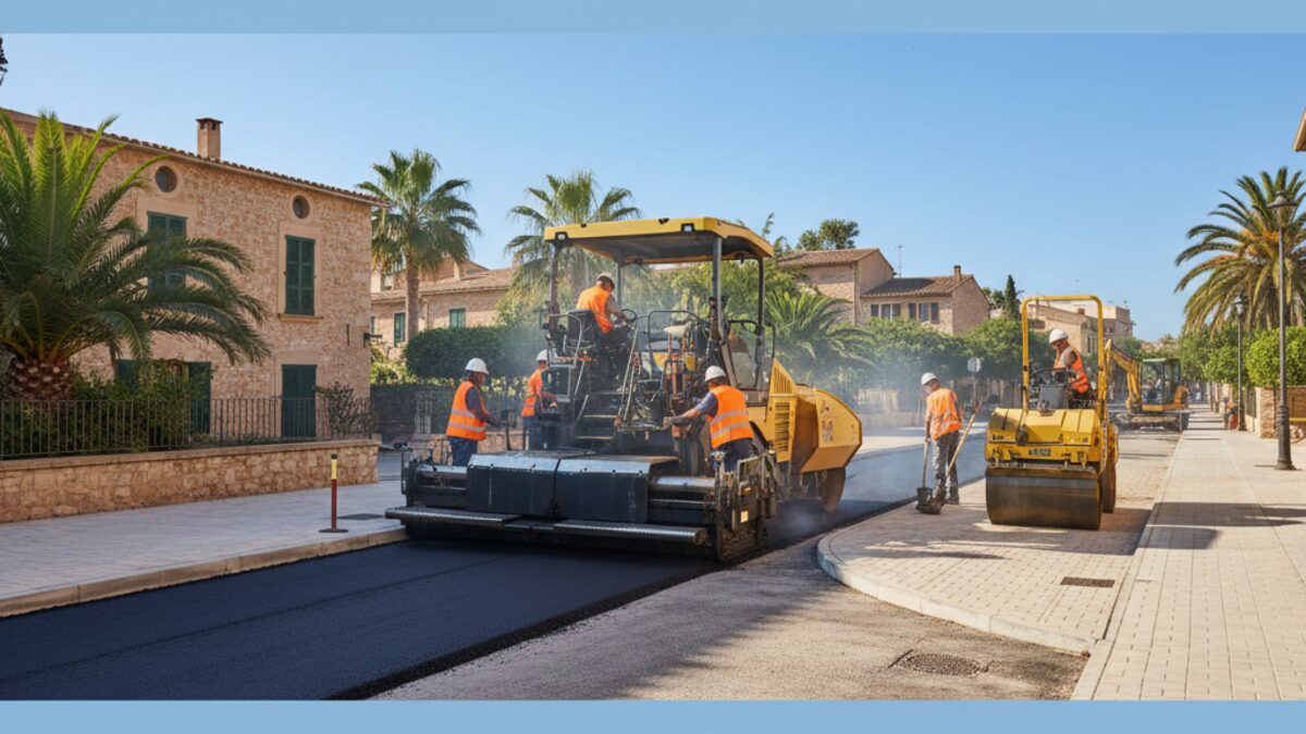 Straßenbaustelle in Santanyí mit Arbeitern und Baumaschinen bei der Sanierung von Straßen und Gehwegen unter blauem Himmel