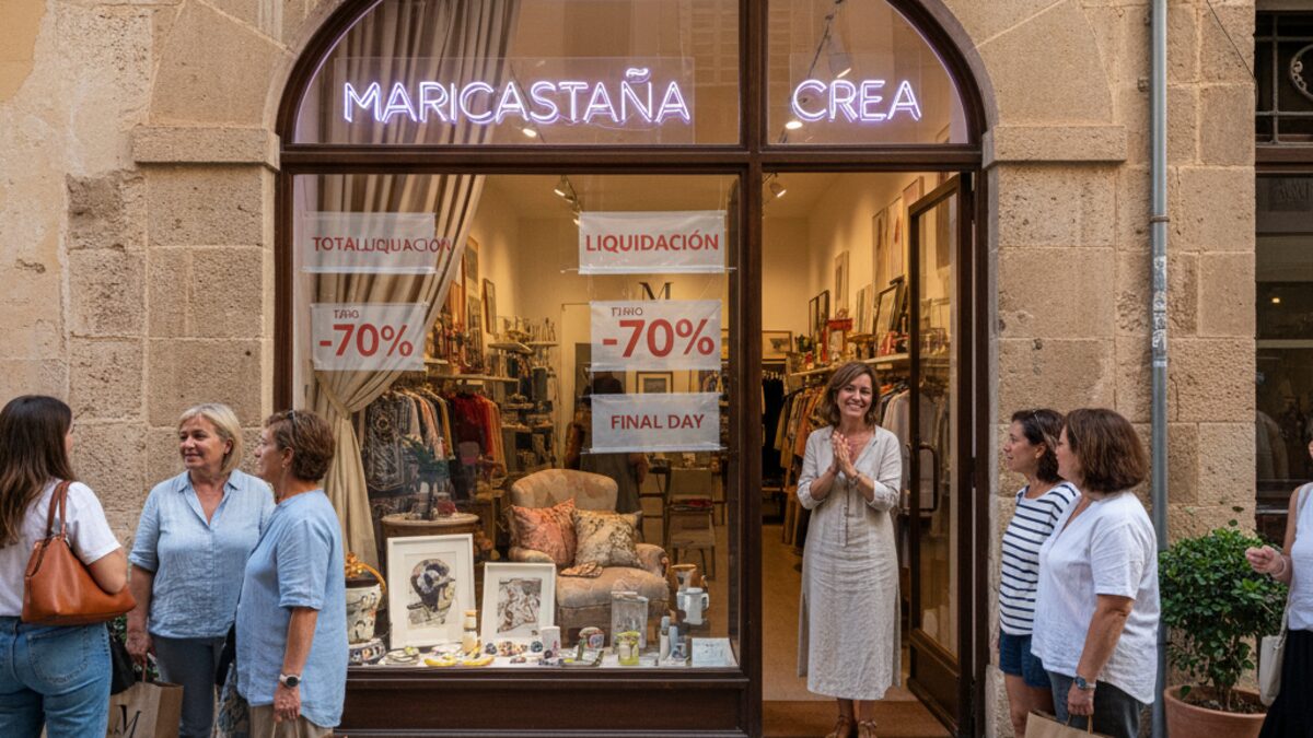 Außenansicht der geschlossenen Boutique Maricastaña in Palma mit Rabattangeboten und Kunden bei der Abschiedsfeier