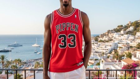 Scottie Pippen trägt das rote Trikot des Platges de Calvià auf dem Balkon eines Hotels mit Blick auf Mallorca.