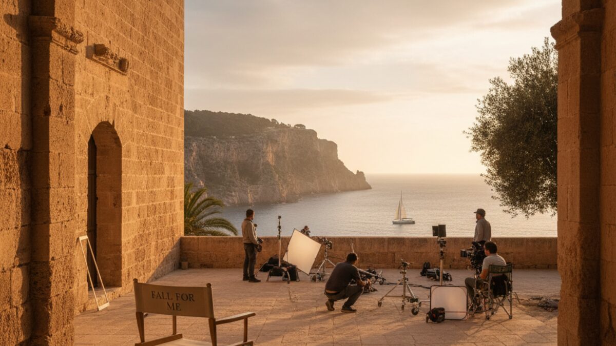Filmset von Fall for Me auf Mallorca mit Palau de l'Almudaina und mediterranem Licht
