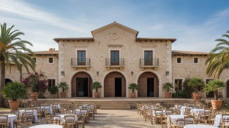 Äußeres der bekannten Showbühne Son Amar auf Mallorca bei hellem Tageslicht mit leeren Sitzgelegenheiten als Symbol für die Schließung der Shows