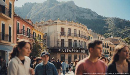 Sóller fordert 18 Jahre Wohnsitz für sozialen Wohnungsbau Bild des historischen Fantasio-Kinos in Sóller, Mallorca, mit Fokus auf architektonische Details und Renovierungsarbeit.