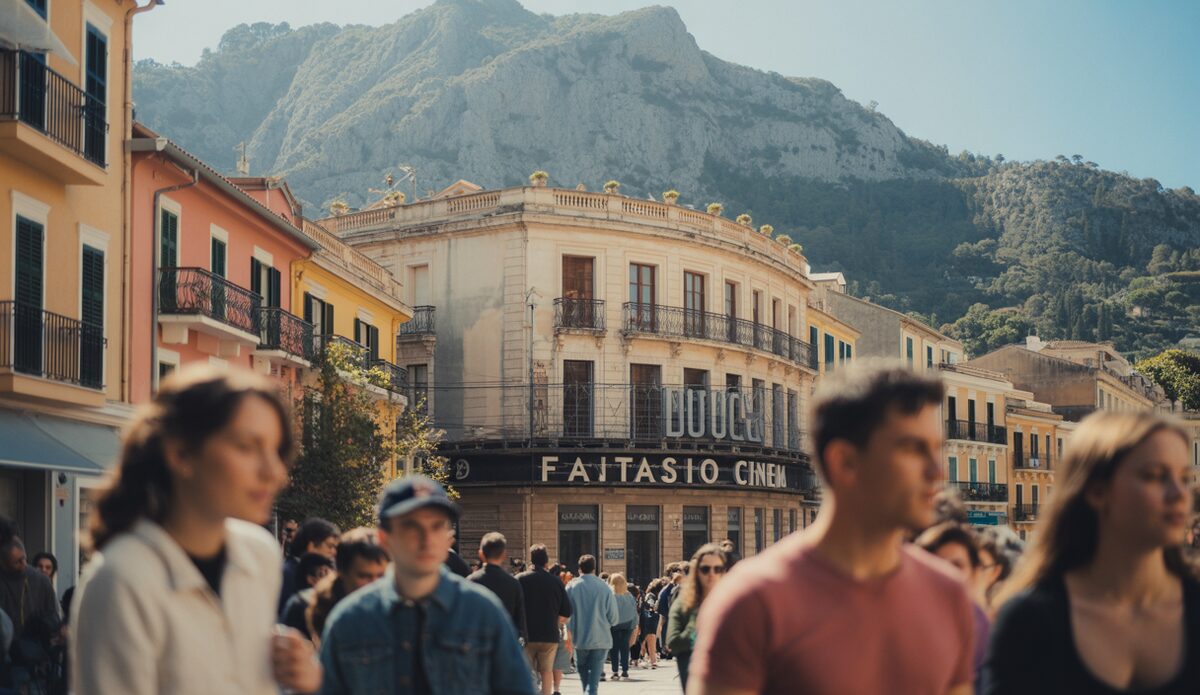 Bild des historischen Fantasio-Kinos in Sóller, Mallorca, mit Fokus auf architektonische Details und Renovierungsarbeit.