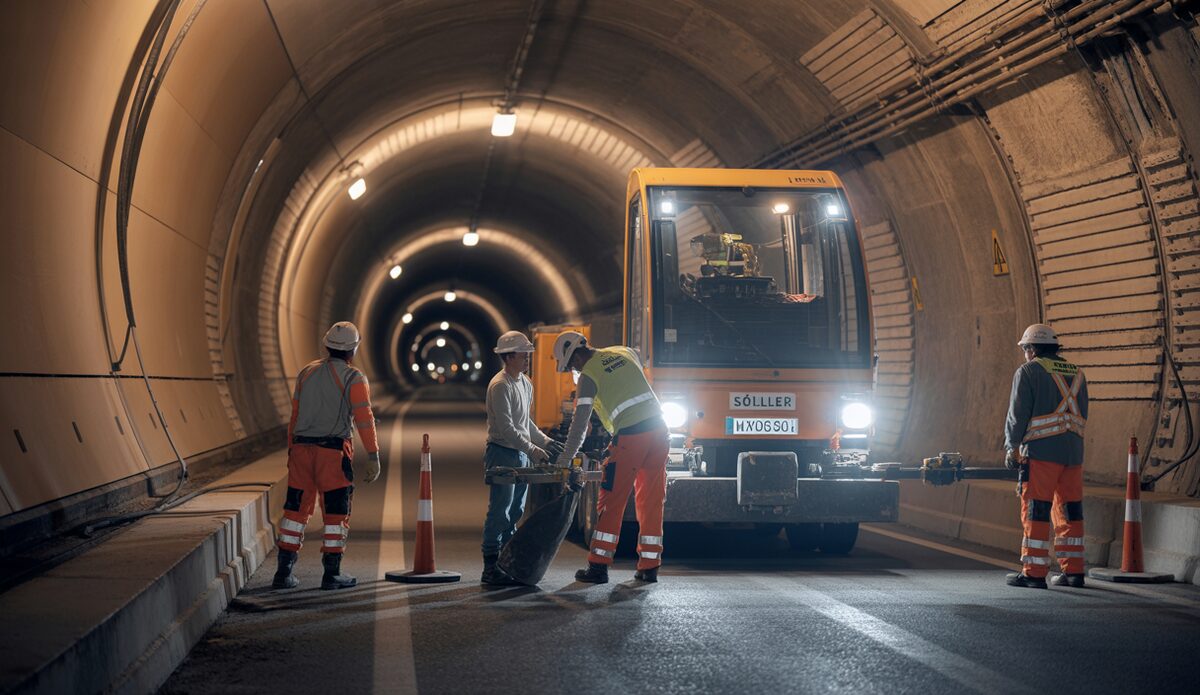 Arbeiter bei Nachtsperrung des Sóller-Tunnels auf Mallorca