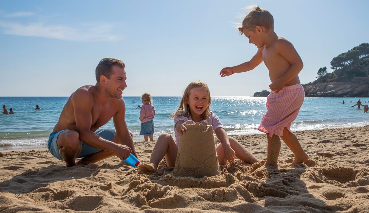 Mallorca Strand mit sonnigem Wetter im Oktober und Menschen am Meer.