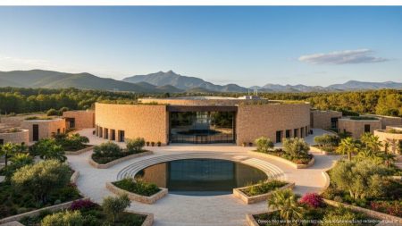 Bild der modernen Son Amar Event-Location auf Mallorca mit Auditorium, Terrassen und Bergblick in natürlicher Umgebung