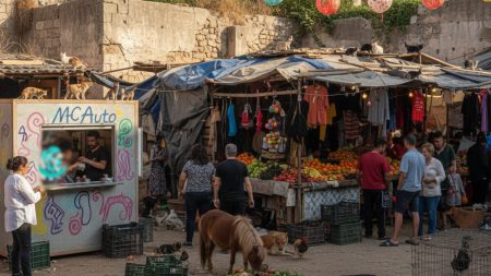 Son Banya: Palmas ungewöhnlicher Drogenumschlagsplatz Marktszene in Son Banya, Palma mit Tieren wie Katzen, Hunden, Pony und Kampfhähnen in einem bunten, lebhaften Markt