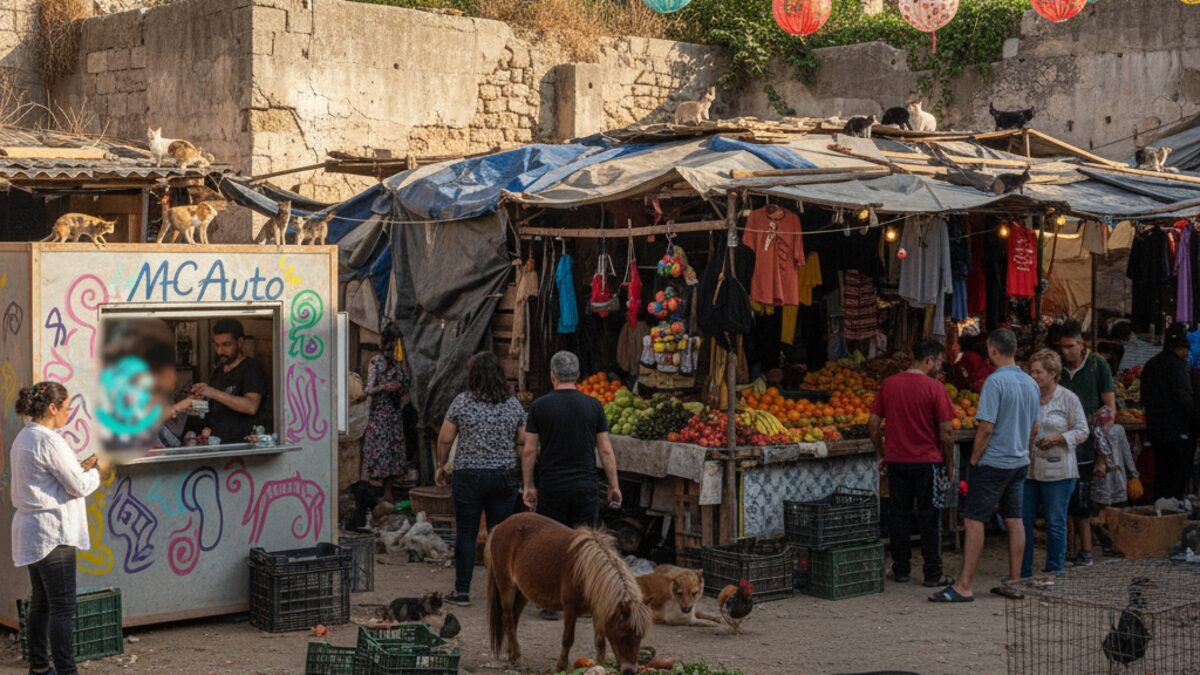 Marktszene in Son Banya, Palma mit Tieren wie Katzen, Hunden, Pony und Kampfhähnen in einem bunten, lebhaften Markt