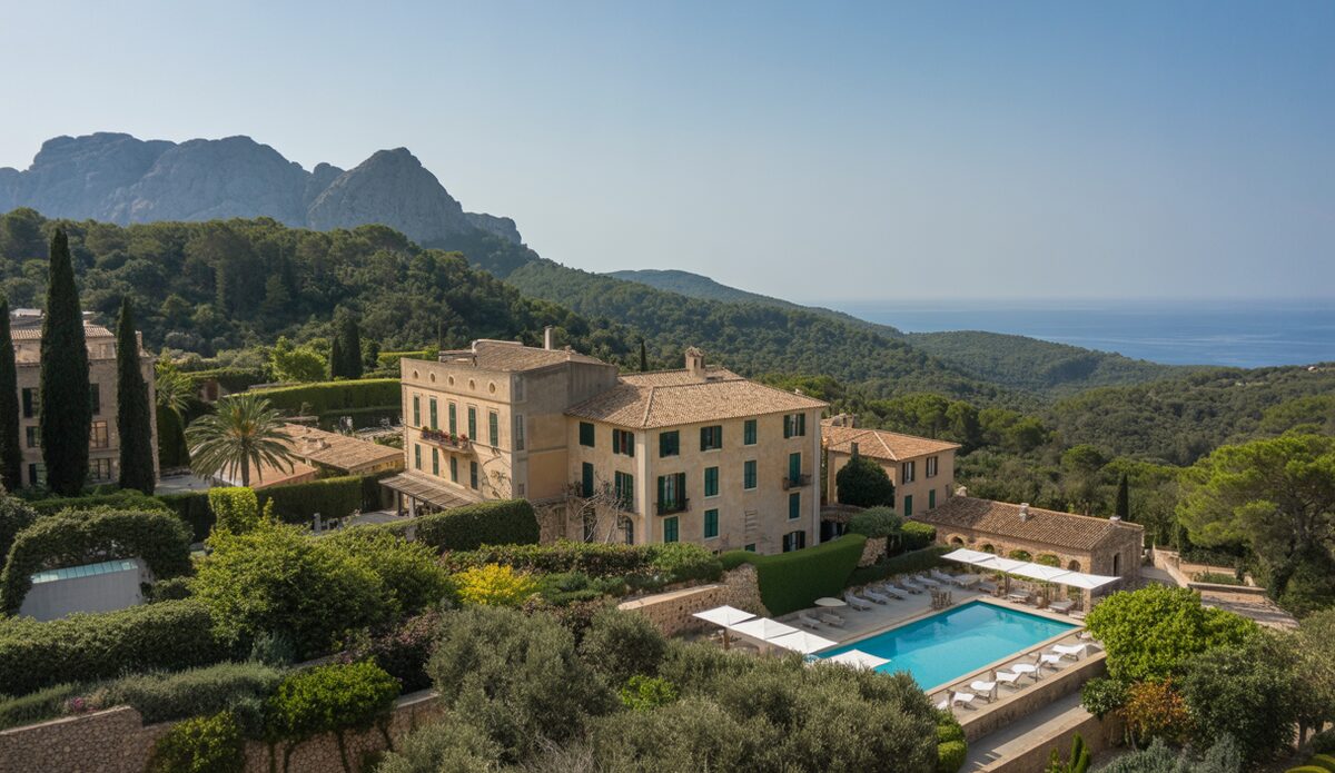 Luftaufnahme des Son Bunyola Hotels auf Mallorca, eingebettet in die Serra de Tramuntana