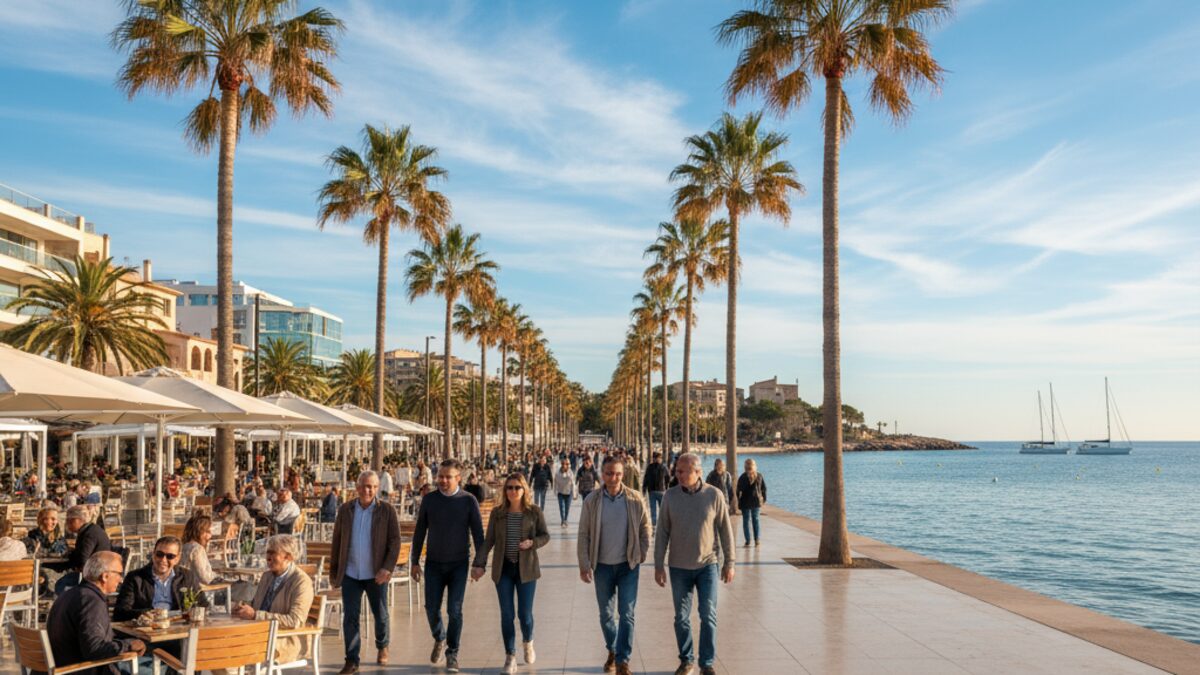 Sonniger Herbsttag am Strand von Santa Ponsa mit milden Temperaturen, blauem Himmel und Spaziergängern an der Strandpromenade