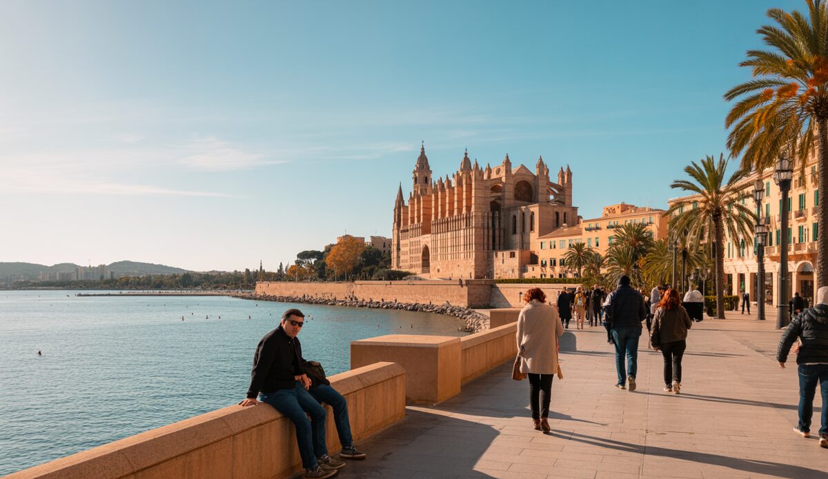Sonniger Herbsttag in Palma de Mallorca mit blauem Himmel und angenehmen Temperaturen