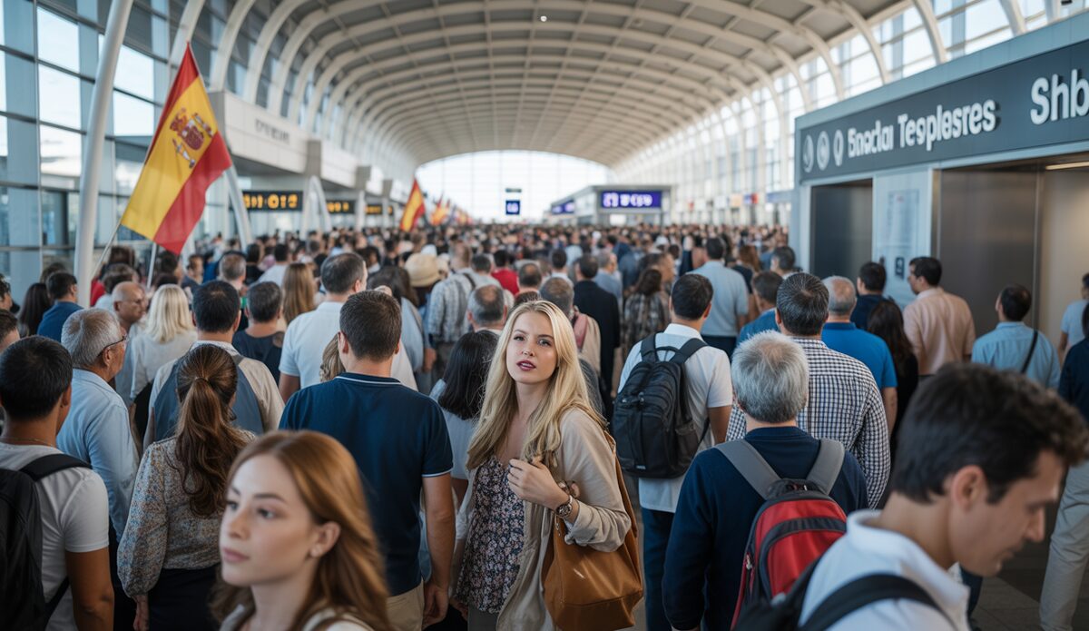 Menschenmenge am Flughafen in Spanien, Touristen aus Großbritannien und Deutschland ankommend