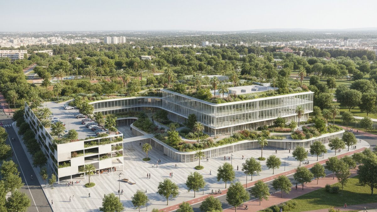 Modernes Sport- und Pflegezentrum im ehemaligen Lluís Sitjar Stadion in Palma mit grünen Flächen und urbaner Infrastruktur