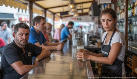 Sportbar auf Mallorca mit leerem Innenraum und wenigen Gästen, symbolisiert finanzielle Schwierigkeiten.