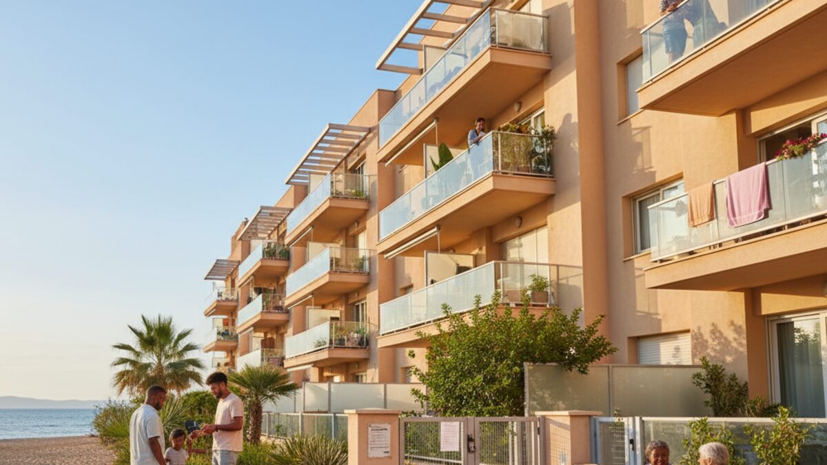 Moderner Wohnkomplex auf Mallorca nahe dem Strand mit bunten Balkonen und diverse Bewohner in entspannter Atmosphäre, symbolisch für die Squatter-Problematik und Immobilienkonflikte.