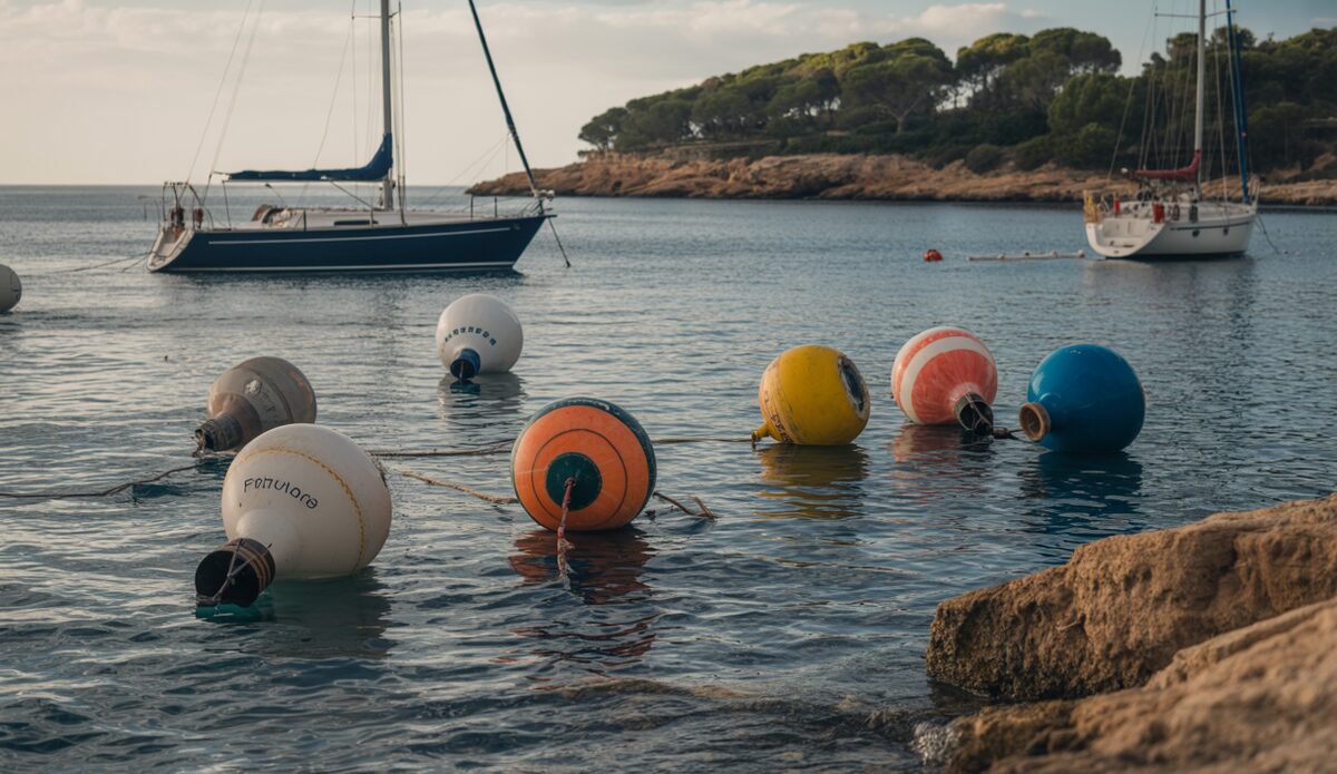 Boote und Bojen in einem Hafen auf Mallorca mit klarem, blauem Wasser und grünem Hintergrund.