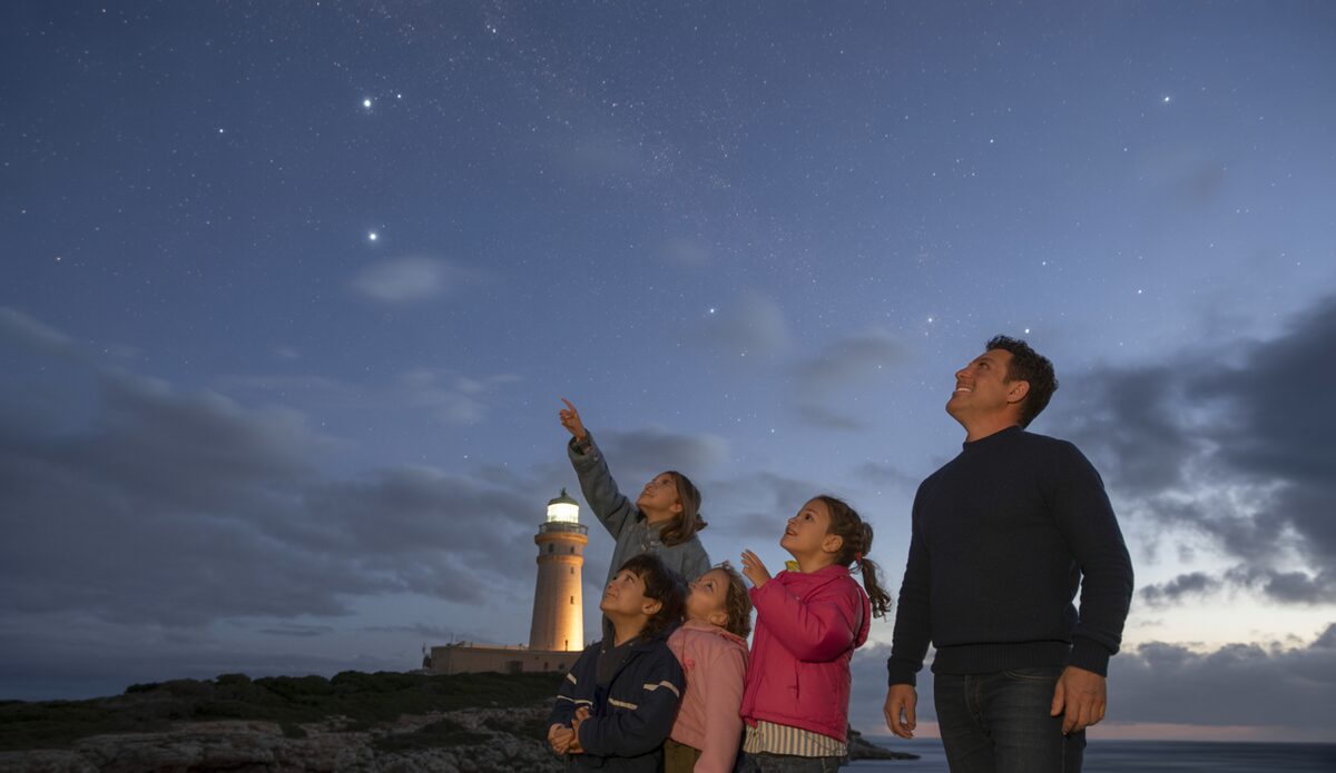 Familien beobachten den Kometen Lemmon am Leuchtturm von Cala Ratjada.