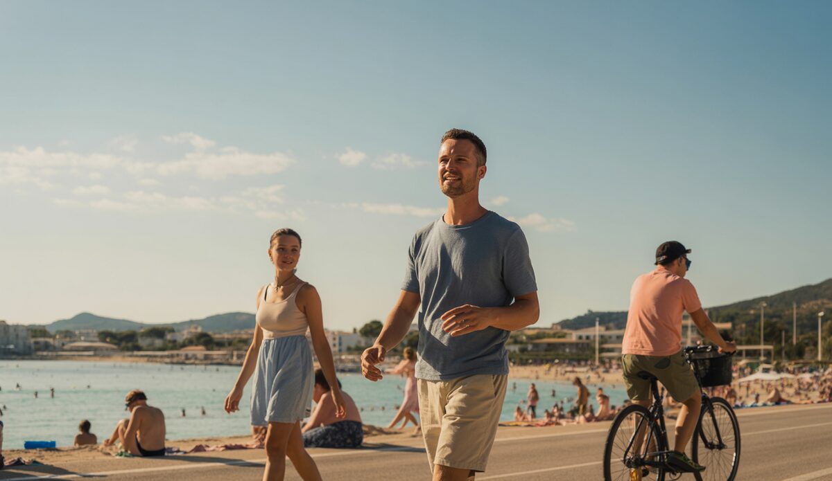 Sonniger Tag in Alcúdia mit klarem Himmel und Strandaktivitäten